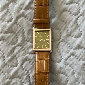 BREDA Men's Tan Leather Strap Watch with Olive Dial - Rectangular Case